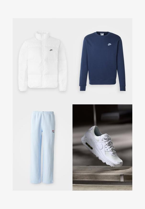 Hvid pufferjakke med høj krave, lynlås, og sort Nike-logo på venstre bryst. Glat tekstur, quiltet design og polstret.; Mørkeblå Nike sweatshirt med lange ærmer, ribbede manchetter og kant, rund halsudskæring og hvidt logo på brystet. Lavet af blødt stof.; Lysblå joggebukser med elastisk talje, prydet med et lille rødt Nike-logo og teksten "Athletic Department". Blødt bomuldsstof.; Hvide Nike Air Max 90 sneakers med en overdel i mesh og læder, perforeret tåboks og en synlig luftenhed i hælen.