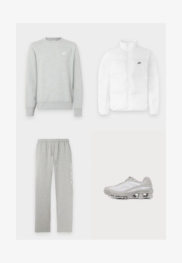 Hvid pufferjakke med høj krave, lynlås, og sort Nike-logo på venstre bryst. Glat tekstur, quiltet design og polstret.; Grå sweatshirt lavet af blødt fleece-materiale, med ribstrikkede manchetter og kant, samt et lille hvidt Nike-logo på brystet.; Grå joggingbukser lavet af blødt materiale med elastisk taljebånd. Har en hvid "JUST DO IT" tekst og Nike swoosh-logo på det ene ben.; Grå og hvid atletiksko med synlig luftpolstret sål og mesh-paneler, vist i profil på en ensartet lys baggrund.
