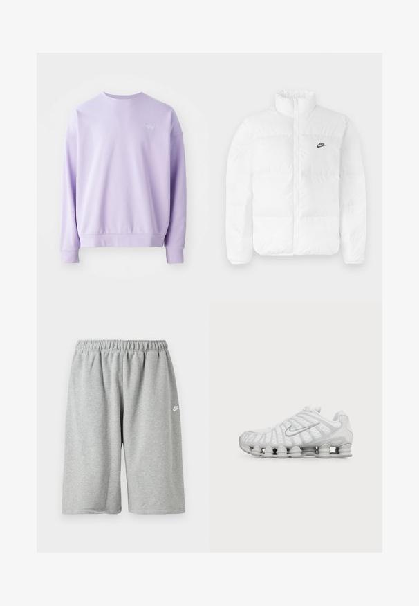 Valge puhvjakas kõrge kraega, lukuga sulgemine ja must Nike logo vasakul rinnal. Üksikasjalik tekstuur, tepitud disain ja polsterdatud.; Heled lavendlitooni crewneck-sweater, valmistatud pehmest materjalist. Omab soonikuid varrukatel ja äärel, samuti väikest tikandiga Nike logo ees.; Hallid puuvillased püksid elastse vöökoha ja lahtise lõikega, väike valge logo ääre lähedal. Sile tekstuur, pikkus üle põlve.; Valge Nike jooksujalats nähtava õhupadjaga tallaga ja hõbedase Swooshi logoga küljel, nähtav välisküljelt.