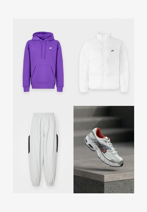 Hvid pufferjakke med høj krave, lynlås, og sort Nike-logo på venstre bryst. Glat tekstur, quiltet design og polstret.; Lilla Nike hoodie med en forlommes, snoretræk i huen og hvidt logo på brystet. Lavet af blødt sweatshirtmateriale.; Lys grå træningsbukser lavet af letvægtsstof, med elastisk talje og manchetter, samt kontrasterende sorte og hvide sidelapper.; Hvid og sølv Nike løbesko med røde accenter, der svæver over en betonkant og viser dens side- og såldetaljer.