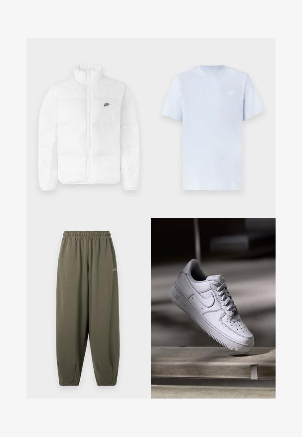 Hvid pufferjakke med høj krave, lynlås, og sort Nike-logo på venstre bryst. Glat tekstur, quiltet design og polstret.; Lyseblå bomulds t-shirt med korte ærmer, rund hals og et hvidt Nike-logo trykt på venstre bryst. Glat tekstur, simpelt design.; Grågrønne sweatpants med elastisk talje og manchetter. Har minimal branding i matchende tråd på siden. Blød tekstur.; Hvid læder Nike Air Force 1 sneaker med perforeret tå, flade snørebånd og tekstureret gummisål med "AIR" branding på siden.