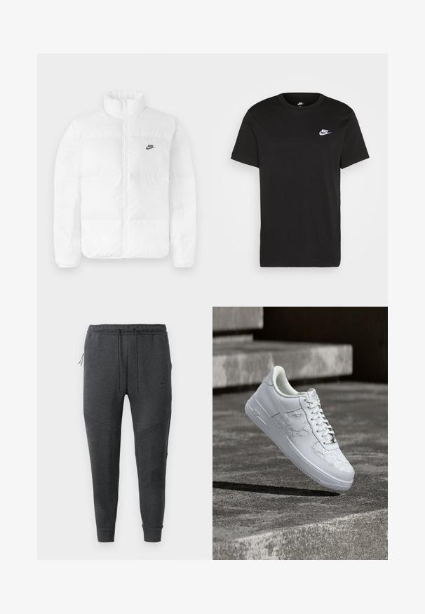Hvid pufferjakke med høj krave, lynlås, og sort Nike-logo på venstre bryst. Glat tekstur, quiltet design og polstret.; Sort bomuld T-shirt med korte ærmer, rund hals og et lille hvidt Nike-logo på den øverste venstre bryst. Glat tekstur. Klassisk pasform.; Mørkegrå Nike joggerbukser med snøre i taljen, lynlåslomme på siden, afsmalnede ben og ribbede manchetter på en hvid baggrund.; Hvid Nike Air Force 1 sneaker med prægede stjernemønstre og en metallisk stjerne snørebåndsvedhæng, der svæver over en betongulv.
