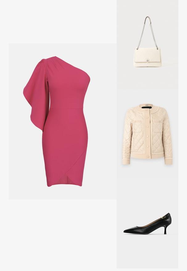 Veste matelassée couleur crème avec col rond, boutons-pression à l'avant, deux poches poitrine et poignets et ourlet côtelés.; Robe cocktail fuchsia une épaule avec manche drapée et jupe portefeuille asymétrique sur fond uni.; Escarpin en cuir noir à bout pointu avec talon kitten et petite bride à boucle dorée à l'arrière sur fond gris clair.; Sac bandoulière en cuir matelassé blanc avec bandoulière chaîne argentée et fermoir métallique sur le rabat avant.