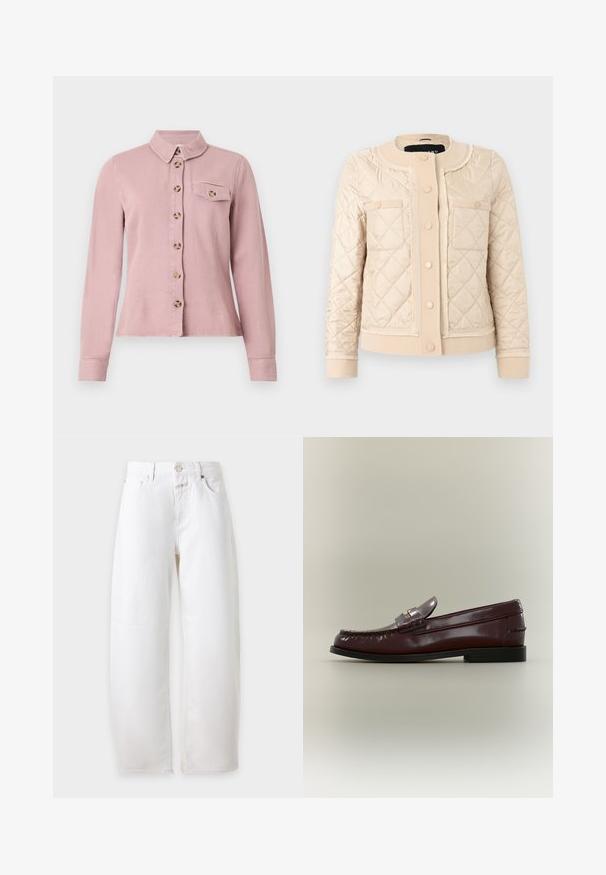 Veste matelassée couleur crème avec col rond, boutons-pression à l'avant, deux poches poitrine et poignets et ourlet côtelés.; Chemise rose clair à manches longues avec des boutons marron sur le devant, rabat de poche poitrine boutonné et petit col sur fond blanc.; Jean blanc à jambes larges avec passants de ceinture, bouton avant, fermeture éclair et poches sur un fond clair uni.; Mocassin en cuir marron foncé avec une semelle noire basse et une bride décorative sur le dessus, présenté de profil sur un fond uni.