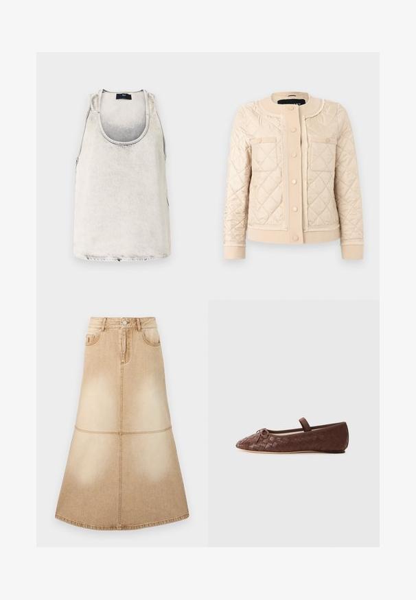 Veste matelassée couleur crème avec col rond, boutons-pression à l'avant, deux poches poitrine et poignets et ourlet côtelés.; Débardeur en coton de couleur blanc délavé avec un décolleté en bateau et des coutures latérales. Présente une texture subtile et une petite étiquette de marque au niveau du décolleté.; Jupe en denim marron clair coupe trapèze avec coutures devant et derrière, fermeture par boutons et passants pour ceinture.; Ballerine en cuir tressé marron avec un bout rond, un petit nœud décoratif et une sangle élastique autour de la cheville pour un maintien sécurisé.