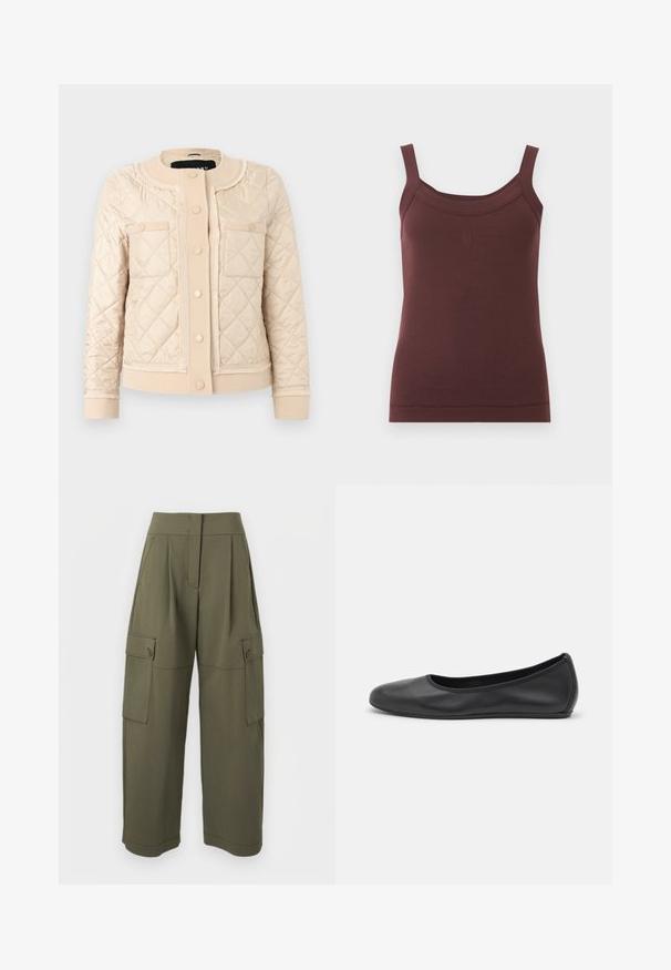 Cremefarbene Steppjacke mit rundem Kragen, vorderen Druckknöpfen, zwei Brusttaschen sowie gerippten Bündchen und Saum.; Ärmelloses braunes geripptes Tanktop mit quadratischem Ausschnitt und dezent eingesticktem Logo vorne in der Mitte.; Olivgrüne Cargohose mit lockerem Sitz, zwei Seitentaschen und Knopfverschluss, gefertigt aus leichtem, strukturiertem Stoff.; Schwarze Leder-Ballettschuhe mit abgerundeter Spitze, glatter Textur, minimalen Nähdetails und einem flexiblen Sohlen-Design.