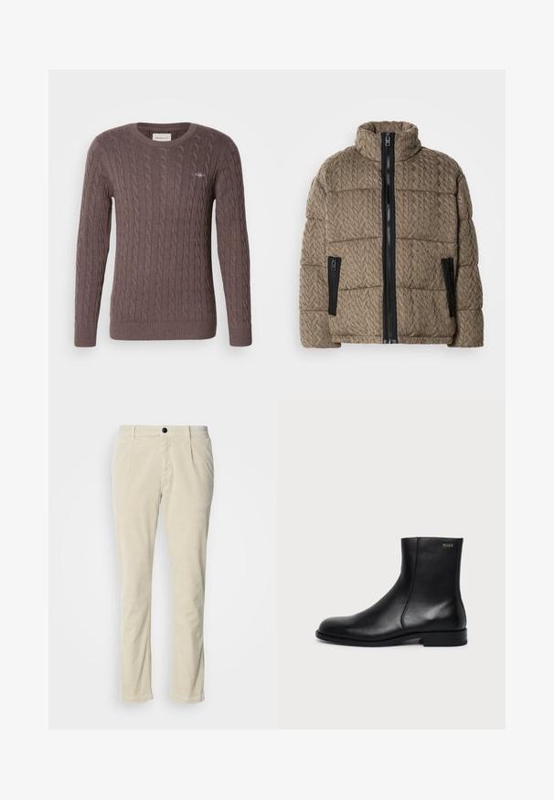 Brun quiltet puffjakke med høj krave og sort frontlynlås, med to lynlåslommer i siden og struktureret strikkemønster.; Brun kabelstrikket sweater med rund hals, lange ærmer og rib kant i ærmerne og kanten. Har et lille broderet logo på brystet.; Lysbeige fløjlbukser med lige snit, forsynet med en enkelt sort knaplukning og en subtil ribbet tekstur. Ingen lommer vist.; Sort læderankelstøvle med lav hæl, sidesyning og lille "HUGO" logo på den øverste manchet mod en ensfarvet baggrund.