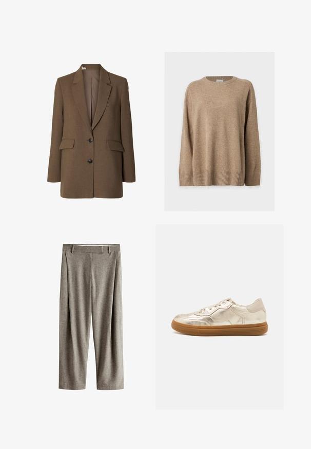 Blazer marrón a medida con solapas con muesca, dos bolsillos delanteros con solapa, dos botones negros y mangas largas.; Jersey de punto beige de manga larga con puños, bajo y cuello redondo acanalados, mostrado extendido sobre un fondo blanco.; Pantalones grises de mezcla de lana con corte recto, trabillas para cinturón y pliegues delanteros, mostrados sobre un fondo blanco.; Zapatillas doradas metálicas con un acabado suave, que cuentan con una suela de goma, cordones en la parte frontal y perforaciones sutiles en la puntera.