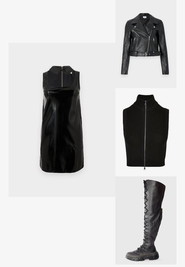 Sort læder bikerjakke cropped med sølv lynlåse, brede revers og bælte i taljen. Tekstureret finish med fire lynlåslommer.; Sort ærmeløs top med høj krave, ribbet tekstur og fuld frontlynlås. Enkelt design uden yderligere mønstre eller accenter.; Ærmeløs sort laklæderkjole med høj krave og frontlynlås, der har en skinnende overflade og en tætsiddende, lige silhuet.; Sort læder thigh-high snørebåndstøvle med kraftig sål og gul stikning.