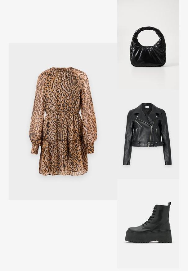 Veste de motard courte en cuir noir avec des fermetures éclair argentées, de larges revers et une taille ceinturée. Finition texturée avec quatre poches zippées.; Robe à imprimé animal avec manches longues, taille élastique, design à volants et un mélange de couleurs marron et noir sur un tissu transparent.; Bottes noires jusqu'à la cheville avec une semelle épaisse en plateau, en cuir lisse, dotées d'un design à lacets et d'une languette à l'arrière.; Sac à main noir rembourré avec une poignée arrondie, présentant une surface lisse et brillante ainsi qu'une texture douce et matelassée. Pas de quincaillerie ou d'accents visibles.