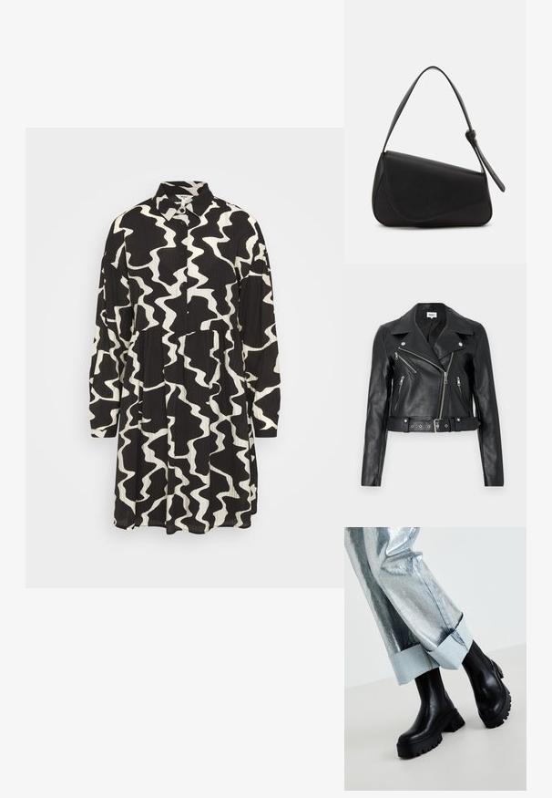Sort læder bikerjakke cropped med sølv lynlåse, brede revers og bælte i taljen. Tekstureret finish med fire lynlåslommer.; Object VANJA SHIRT DRESS - Skjortekjole - black/sandshell; Sorte chunky ankelstøvler med teksturerede såler, iført sølvmetallic bukser med en lys denimopretning. Minimalistisk design, slanke materialer.; Sort læderhåndtaske med en triangular form, skrå klap og et rundt håndtag. Har en glat overflade og minimalistiske design detaljer.
