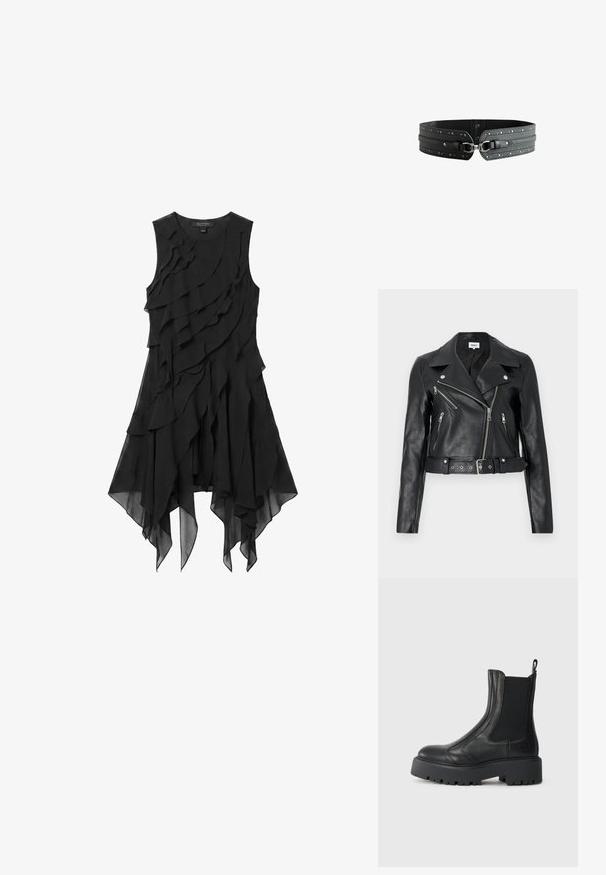 Schwarze, kurz geschnittene Bikerjacke aus Leder mit silbernen Reißverschlüssen, breiten Revers und tailliertem Gürtel. Strukturierte Oberfläche mit vier Reißverschlusstaschen.; Ärmelloses schwarzes Chiffonkleid mit gestuften Rüschen und asymmetrischem Taschentuchsaum.; Schwarze Lederknöchelstiefel mit elastischen seitlichen Einsätzen, einer abgerundeten Spitze und einer grob strukturierten Gummisohle. Mit einem Ziehschlaufen an der Rückseite.; Schwarzer breiter Ledergürtel mit silbernen Nieten und einem zentralen Metallverschluss auf weißem Hintergrund.
