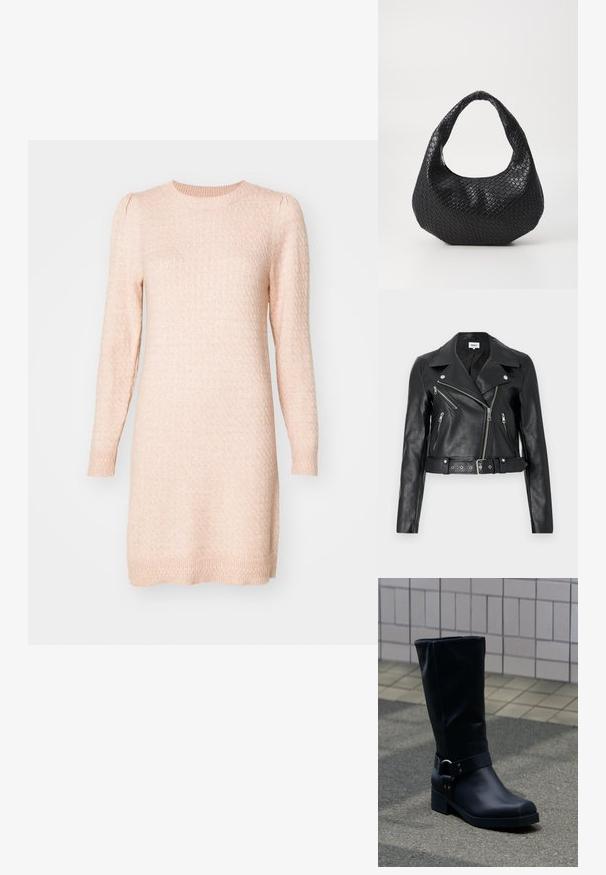 Sort læder bikerjakke cropped med sølv lynlåse, brede revers og bælte i taljen. Tekstureret finish med fire lynlåslommer.; Langærmet, rundhalset sweaterkjole i blød lyserød. Struktureret strik med subtile hævede mønstre, tætsiddende manchetter og lige silhuet.; Sort læderstøvle midt på læggen med lav blokhæle og en dekorativ rem med metal spænde rundt om anklen, på en flisebelagt fortov.; Sort flettet håndtaske med et buet håndtag, der har en struktureret overflade og en afslappet form. Glat finish med en organisk silhuet.