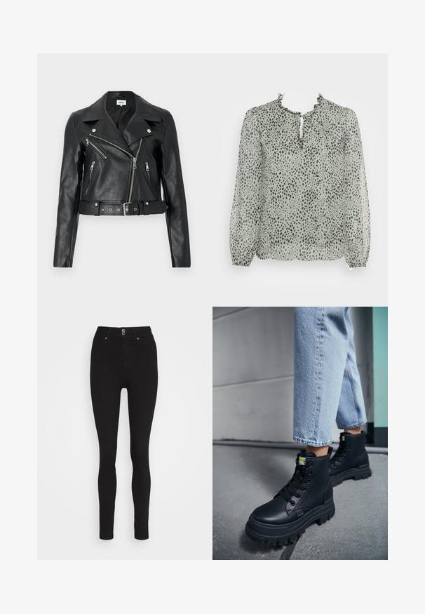 Schwarze, kurz geschnittene Bikerjacke aus Leder mit silbernen Reißverschlüssen, breiten Revers und tailliertem Gürtel. Strukturierte Oberfläche mit vier Reißverschlusstaschen.; ONLY ONLDITSY BLOUSE - Bluse - seagrass aop/dot leo; Schwarze, hochgeschnittene Skinny Jeans aus dehnbarem Denim mit einem Knopf- und Reißverschluss, fünf Taschen-Design und einer glatten Oberfläche.; Person, die hellblaue Jeans und schwarze klobige Schnürstiefel trägt und auf einem Betonboden nahe einer Wand steht.