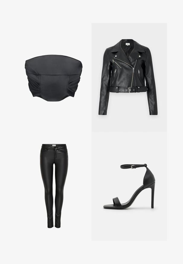 Zwarte leren cropped bikerjack met zilverkleurige ritsen, brede revers en een tailleband met ceintuur. Getextureerde afwerking met vier zakken met rits.; Zwarte nep leren cropped top met geplooide textuur en een gestructureerde vorm, met een gladde oppervlakte en minimale stikdetails.; Zwarte slim-fit faux leren broek met voorste knoop, ritsluiting en riemlussen, weergegeven op een witte achtergrond.; Zwarte sandalen met hoge hakken, met een slank ontwerp, voorzien van een enkelbandje, open teen en een gladde leren textuur.