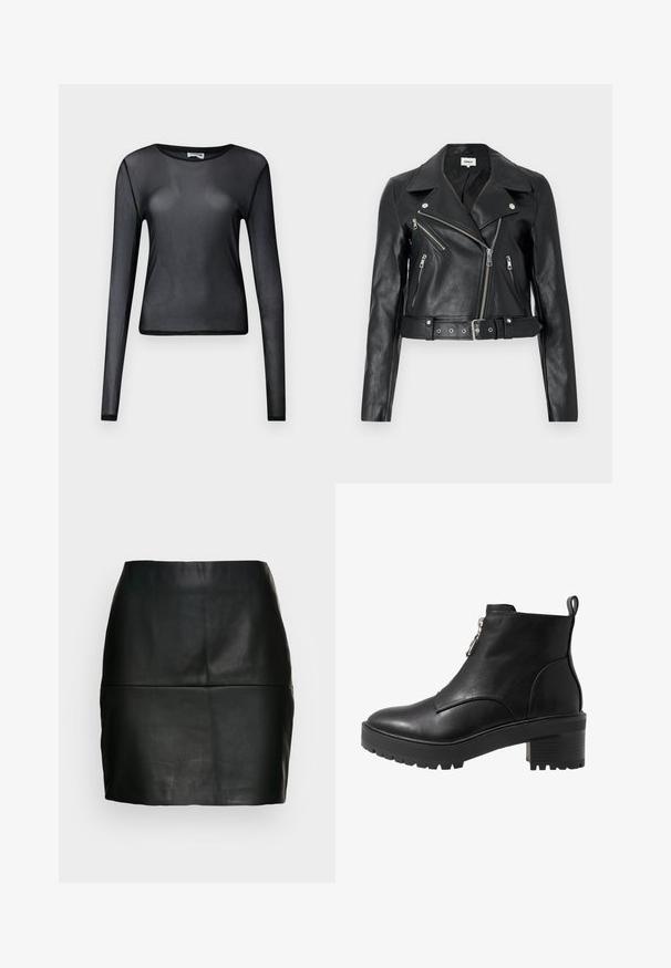 Chaqueta de cuero negro estilo biker recortada con cremalleras plateadas, solapas anchas y cintura con cinturón. Acabado texturizado con cuatro bolsillos con cremallera.; Top negro de manga larga transparente de malla con cuello redondo y silueta ajustada, exhibido sobre un fondo liso.; Mini falda de cuero negra con una textura suave, silueta ajustada y un detalle de costura en la cintura. Sin cierres visibles.; Bota negra de cuero hasta el tobillo con cierre de cremallera lateral, tacón grueso negro y suela texturizada para una mejor tracción. Acabado liso con acentos mínimos.