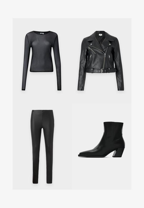 Zwarte leren cropped bikerjack met zilverkleurige ritsen, brede revers en een tailleband met ceintuur. Getextureerde afwerking met vier zakken met rits.; Zwarte lange mouwen doorzichtige mesh top met ronde hals en aansluitende pasvorm, weergegeven op een effen achtergrond.; Rekbare zwarte nepleren broek met een slim fit, voorzien van zijzakken en een soepele textuur, ontworpen voor een gestroomlijnde silhoeet.; Zwarte leren enkelboot met een spitse neus, een slanke silhoeet en een chunky vierkante hak. Gladde textuur met minimale stikdetails.