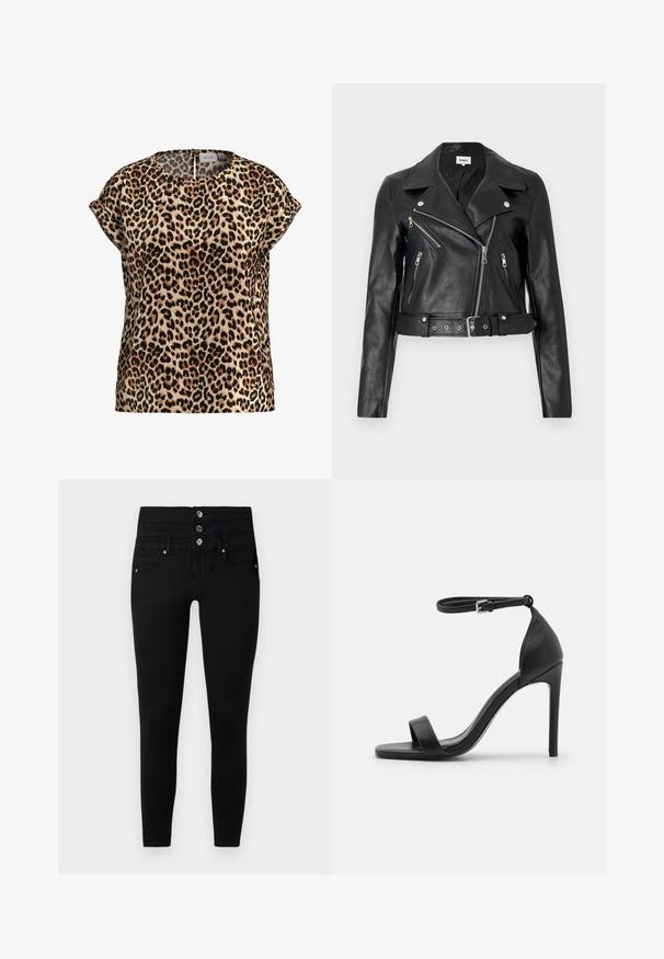 Chaqueta de cuero negro estilo biker recortada con cremalleras plateadas, solapas anchas y cintura con cinturón. Acabado texturizado con cuatro bolsillos con cremallera.; Top de estampado de leopardo, con mangas cortas y escote redondo, hecho de una tela sedosa; presenta un fondo beige con manchas negras y marrones.; Jeans negros ajustados con una cintura alta, que cuentan con tres botones plateados, dos bolsillos frontales y una textura de tela suave y elástica.; Sandalia de tacón alto negra con un diseño elegante, que cuenta con una correa en el tobillo, punta abierta y una textura de cuero suave.
