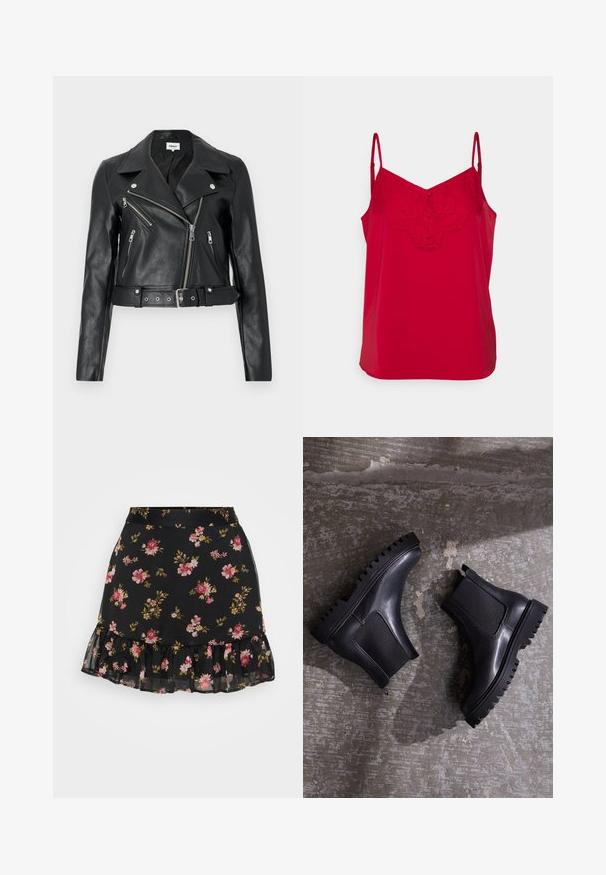 Sort læder bikerjakke cropped med sølv lynlåse, brede revers og bælte i taljen. Tekstureret finish med fire lynlåslommer.; Rød top med justerbare stropper, blonderdetaljer ved udskæringen, glat stof og en afslappet pasform, med en knapaccent i midten.; Sort blomster nederdel med en krøllet kant. Den har et mønster af lyserøde og gule blomster på et gennemsigtigt stof. Letvægts og tætsiddende design.; Sorte ankelstøvler med en kraftig sål, elastiske paneler og en glat læderfinish. Markant ribbet ydersål og slank silhuet.