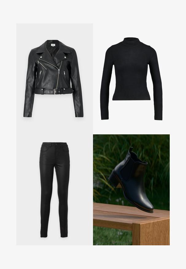 Zwarte leren cropped bikerjack met zilverkleurige ritsen, brede revers en een tailleband met ceintuur. Getextureerde afwerking met vier zakken met rits.; Zwart langemouwen turtleneck top gemaakt van ribbelstof, met een aansluitend ontwerp en slanke silhouette. Geen patronen of accenten.; Zwarte high waist skinny jeans met voor- en achterzakken, riemlussen en een knoopsluiting op een effen achtergrond.; Zwarte leren enkellaars met een spitse neus, elastische zijpanelen en een gestapelde hak, zwevend boven een houten oppervlak met groen in de achtergrond.