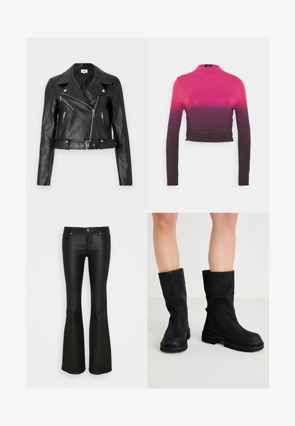 Zwarte leren cropped bikerjack met zilverkleurige ritsen, brede revers en een tailleband met ceintuur. Getextureerde afwerking met vier zakken met rits.; Zign Studio TENCEL ™ LONG SLEEVE GATHERING - Longsleeve - pink; ONLY ONLTIGER LOW WAISTED FLARED - Broek - black; Zwarte kniehoog laarzen van een glad textielmateriaal met een dikke rubberen zool, kenmerken een minimalistisch ontwerp en subtiele stikdetails.