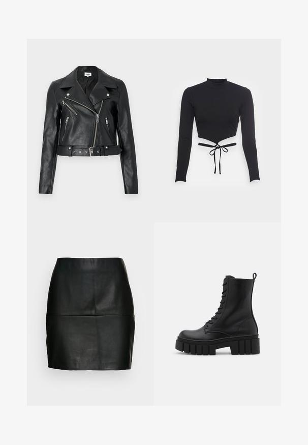 Schwarze, kurz geschnittene Bikerjacke aus Leder mit silbernen Reißverschlüssen, breiten Revers und tailliertem Gürtel. Strukturierte Oberfläche mit vier Reißverschlusstaschen.; Even&Odd by Zalando Langarmshirt - black; Schwarzer Leder-Minirock mit glatter Oberfläche, taillierter Silhouette und einer Nahtdetails am Bund. Keine sichtbaren Verschlüsse.; Schwarze Lederknöchelstiefel mit klobiger, gerippter Sohle, Schnürung vorne und Zuglasche auf glattem weißen Hintergrund.