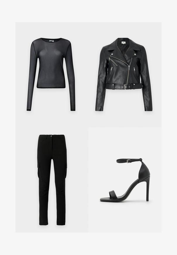 Sort læder bikerjakke cropped med sølv lynlåse, brede revers og bælte i taljen. Tekstureret finish med fire lynlåslommer.; Sort, langærmet, gennemsigtig mesh-top med rund hals og tætsiddende silhuet vist på ensfarvet baggrund.; Sorte cargo bukser med slim fit, der har sidelommer, knaplukning og et glat, let struktureret stof.; Sort højhælet sandal med et sleek design, der har en ankelrem, åben tå og glat lædertekstur.