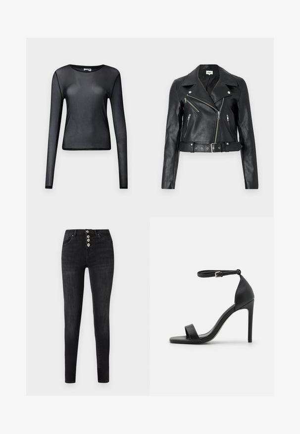Zwarte leren cropped bikerjack met zilverkleurige ritsen, brede revers en een tailleband met ceintuur. Getextureerde afwerking met vier zakken met rits.; Zwarte lange mouwen doorzichtige mesh top met ronde hals en aansluitende pasvorm, weergegeven op een effen achtergrond.; Zwarte high-waisted skinny jeans met vier zichtbare witte knopen en voorzakken, afgebeeld tegen een effen lichtgrijze achtergrond.; Zwarte sandalen met hoge hakken, met een slank ontwerp, voorzien van een enkelbandje, open teen en een gladde leren textuur.