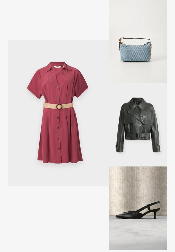 Mørkegrøn kort læderjakke med bred krave, dobbeltradede knapper, bælte i taljen og spænder på ærmekanterne.; Maroon skjortekjole med korte ærmer, knapfront og plisseringer. Inkluderer et beige vævet bælte med en rund spænde. Glat, let stof.; Sort slingback sko med kittenhæl, spids tå og metallogo, der svæver nær en reflekterende overflade og et metalstativ med papirer.; Call it Spring DELILAHH - Skuldertasker - denim