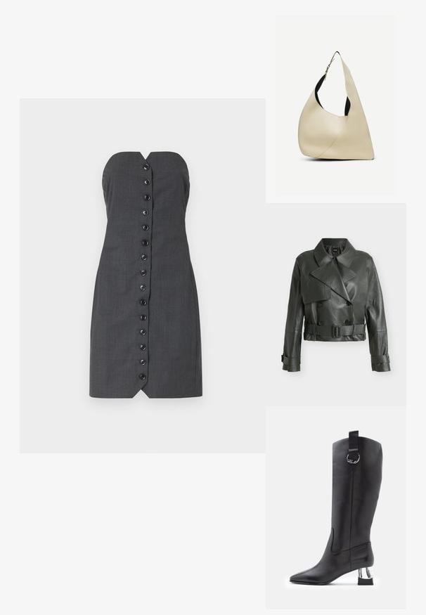 Dunkelgrüne, kurz geschnittene Lederjacke mit weitem Kragen, doppelreihigen Knöpfen, tailliertem Gürtel und Schnallenriemen an den Manschetten.; Graues trägerloses Kleid mit taillierter Silhouette, das mit einer Knopfleiste auf der Vorderseite und einem V-Ausschnitt gestaltet ist. Glatte Textur, maßgeschneiderter Stoff.; Schwarze Lederstiefel bis zum Knie mit spitzer Zehe und chromfarbigem Blockabsatz. Mit einem Riemen und einer runden Hardware-Akzentuation an der Oberseite.; Schultertasche aus cremefarbenem, glattem Leder mit geschwungener, dreieckiger Form und verstellbarem Riemen mit silberner Schnalle.