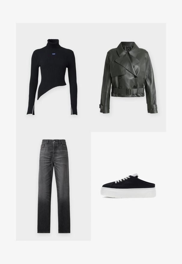 Veste en cuir courte vert foncé avec col large, boutons croisés, taille ceinturée et sangles à boucles aux poignets.; Pull en laine côtelé noir avec un ourlet asymétrique et des fentes sur les côtés. Présente un petit logo bleu sur la poitrine. Fabriqué en matériau doux.; Jean denim noir à coupe droite, design à cinq poches et léger effet délavé. Doté d'une fermeture à boutons et d'un logo cousu sur la poche.; Baskets noires à enfiler avec semelle épaisse blanche et lacets blancs, portant le logo Guess sur le côté.