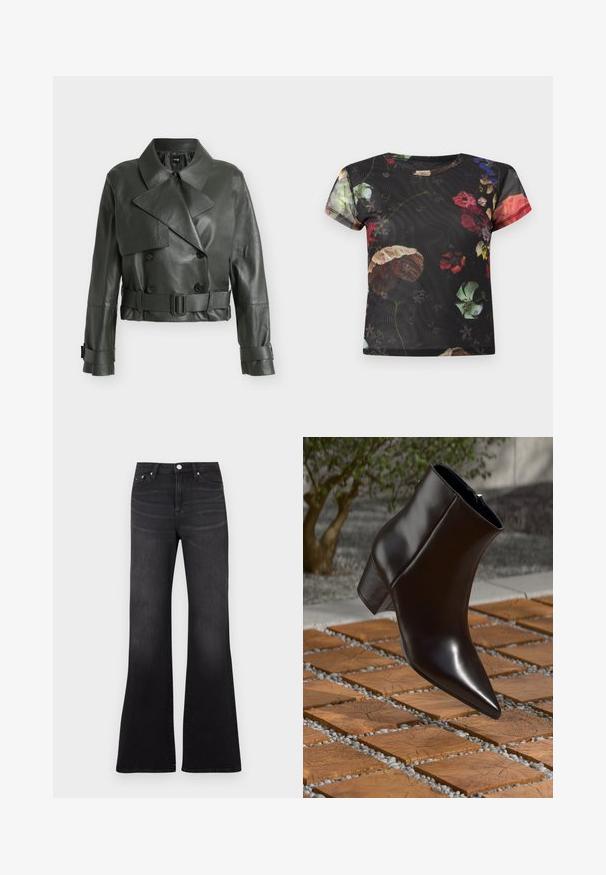 Dunkelgrüne, kurz geschnittene Lederjacke mit weitem Kragen, doppelreihigen Knöpfen, tailliertem Gürtel und Schnallenriemen an den Manschetten.; Florales T-Shirt mit kurzen Ärmeln aus schwarzem durchsichtigem Stoff, versehen mit lebhaften mehrfarbigen Blumenmotiven und rundem Ausschnitt. Strukturierte Oberfläche.; Schwarze Jeans mit ausgestelltem Bein aus Denim-Stoff, mit hoher Taille, Fünf-Taschen-Design und leichtem Ausbleichen zum Saum der Beine hin.; Schwarze Leder-Stiefelette mit spitzem Schuhkopf, Blockabsatz und glatter Textur, positioniert über einer Holz- und Kiesoberfläche.