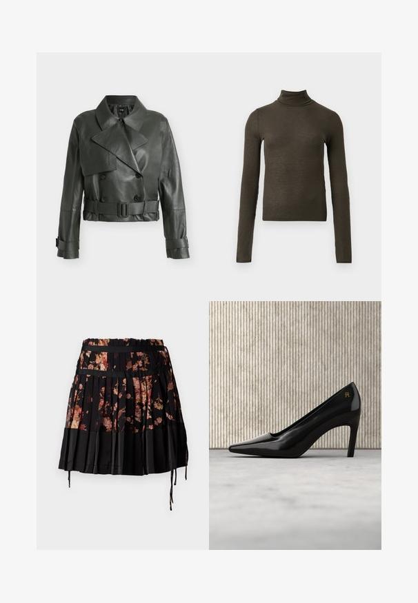 Donkergroene korte leren jas met brede kraag, dubbele knopen, ceintuur in de taille en gespbanden aan de manchetten.; Donkergroene ribgebreide turtleneck met lange mouwen, slim fit en iets cropped lengte op een effen lichte achtergrond.; Zwarte geplooide rok met een bloemenpatroon in tinten van roze en oranje, voorzien van een brede tailleband en verstelbare koordjes aan de zoom.; Zwarte pumps met spits toelopende neus en hoge hak, voorzien van een gouden logodetail, rechtop geplaatst op een reflecterend oppervlak naast een metalen ordnerhouder.
