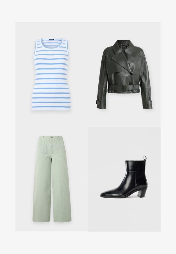 Veste en cuir courte vert foncé avec col large, boutons croisés, taille ceinturée et sangles à boucles aux poignets.; Débardeur blanc sans manches en maille côtelée avec des rayures horizontales bleu clair et un col rond, présenté sur un fond uni.; Pantalon ample vert clair avec bouton et fermeture éclair à l'avant, passants pour ceinture, et détails de coutures visibles.; Bottine en cuir noir avec un bout pointu, un talon empilé géométrique et une languette à l'arrière. Texture lisse et design épuré.