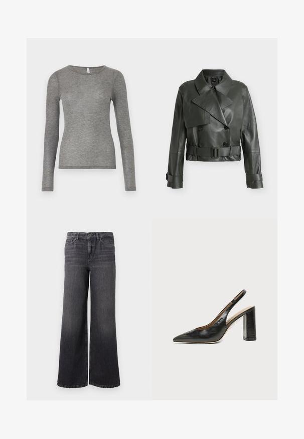 Veste en cuir courte vert foncé avec col large, boutons croisés, taille ceinturée et sangles à boucles aux poignets.; Samsøe Samsøe SADOU - T-shirt à manches longues - grey; Jean en denim gris foncé à jambe large avec un dégradé subtil, doté d'une fermeture à bouton, de cinq poches et d'un ourlet droit au niveau de la cheville.; Chaussure slingback en cuir noir à bout pointu avec un talon bloc haut et une doublure intérieure beige sur un fond clair uni.
