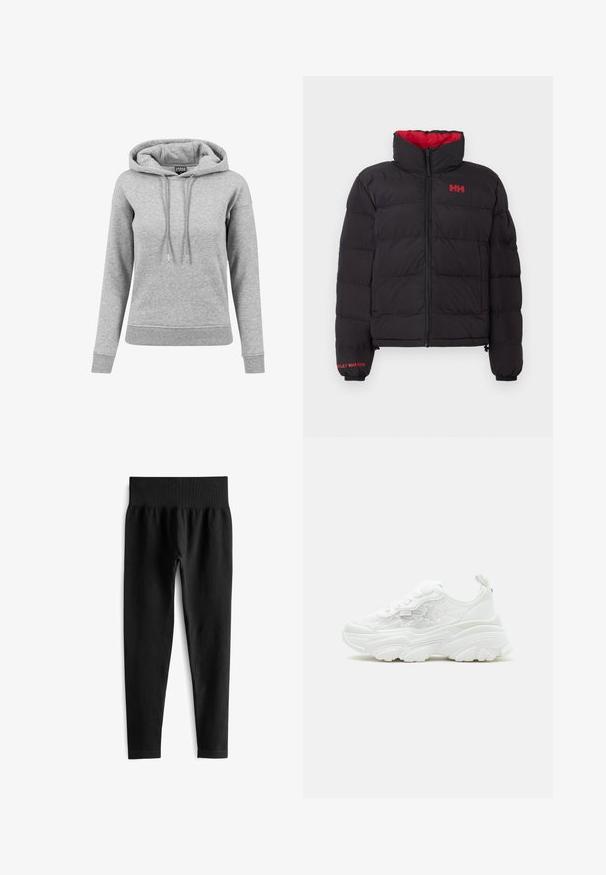 Doudoune noire avec un col montant et une doublure rouge, dotée d'une fermeture éclair sur le devant et du logo Helly Hansen rouge sur la poitrine et la manche.; Haut à capuche gris en coton, équipé d'une capuche avec cordon de serrage, de manches longues, de poignets côtelés et d'un ourlet. Design uni sans motifs.; Leggings noirs à rayures avec une large ceinture élastique. Le tissu semble extensible et texturé, se terminant juste au-dessus de la cheville.; Baskets blanches épaisses avec lacets sur le devant, panneaux latéraux en mesh floral et semelle épaisse sculptée, vues de profil gauche sur fond uni.