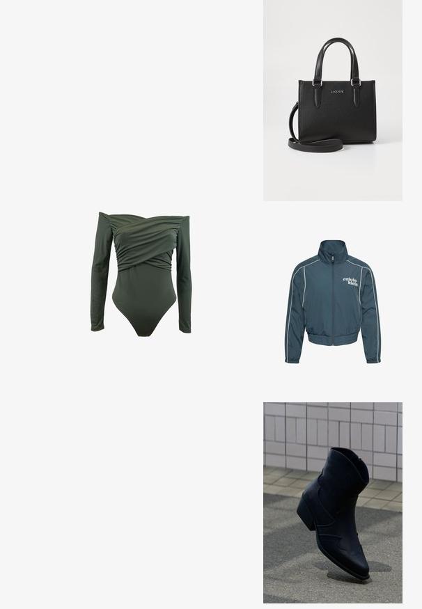 Tmavozelená bunda na zips s vysokým golierom, bielym lemovaním pozdĺž rukávov, elastickým pásom a manžetami a logom "calvin klein" na ľavej strane hrudníka.; Jednodielny plavky s dlhým rukávom v tmavozelenej farbe. Má prehodený predný dizajn a hladkú textúru. Vyrobené z elastického materiálu pre pohodlie.; Čierna kožená členková obuv s nízkym podpätkom, dekoratívnym prešívaním a špicatou špičkou, postavená vzpriamene na dláždený povrch vedľa obloženej steny.; Čierna kožená kabelka s textúrou, s krátkymi rúčkami a odnímateľným ramenným popruhom. Na prednej strane sa nachádza strieborné logo "LACOSTE".
