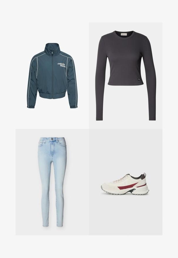 Mørkegrøn lynlåstrøje med høj krave, hvid piping langs ærmerne, elastisk talje og manchetter samt "calvin klein" logo på venstre bryst.; Langærmet, cropped top i mørkegrå ribbet stof med en rund halsudskæring og et lille logo patch nederst. Glat tekstur, tætsiddende design.; Lyseblå skinny jeans med højtaljede, frontknap og lynlåslukning, fem lommer og diskret falmning ned ad benene.; Sneaker i off-white med burgundy accenter, tekstureret overmateriale, robust gummisål, rund tå og snøresystem.