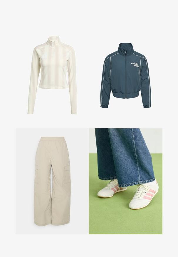 Mørkegrøn lynlåstrøje med høj krave, hvid piping langs ærmerne, elastisk talje og manchetter samt "calvin klein" logo på venstre bryst.; Hvid langærmet zip-up top med høj krave, der har subtile lodrette striber og logoaccenter på brystet og ærmet. Blødt stof.; Beige cargo bukser lavet af let materiale, med elastisk bæltelinje, brede ben og sidelommer til opbevaring.; Hvide sportsko med lyserøde striber, tekstureret læder og flad gummisål, parret med brede denimbukser på et grønt gulv.
