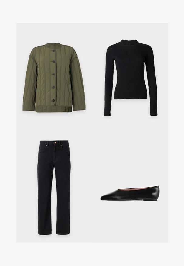 CLOSED QUILTED JACKET - Übergangsjacke - forest green; Schwarzes Langarmoberteil mit einer figurbetonten Passform, strukturiertem Stoff und hochgeschnittenem Kragen. Verfügt über einen verdeckten Reißverschluss im Rücken zur Befestigung.; Schwarze Jeans aus Denim mit geradem Bein, Fünf-Taschen-Design, Kupferknopfdetails und minimal sichtbaren Nähten.; Schwarzer flacher Damenleder-Schuh mit spitzer Kappe und niedrigem Absatz, von der Seite auf einfarbigem hellgrauem Hintergrund gezeigt.