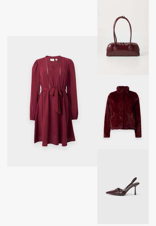 Burgunder-farbenes Kunstfell-Jacket mit hohem Kragen, Reißverschluss und Seitentaschen; glatte Textur und kastiger Schnitt.; Bordeauxfarbenes Kleid mit langen Ärmeln, V-Ausschnitt, taillierter Taille und Bindegürtel; hat zarte Stickerei am Ausschnitt. Glatte Stoffstruktur.; Bordeauxroter Slingback-Pumps aus Lackleder mit spitz zulaufender Vorderkappe, dünnem Knöchelriemen und kleiner dekorativer Schnalle. Glatte Textur und hoher Absatz.; Burgunderfarbene Ledertasche mit geschwungener Form, doppelten Tragegriffen, Reißverschlussverschluss und dezenten Steppdetails. Glatte, hochglänzende Oberfläche.