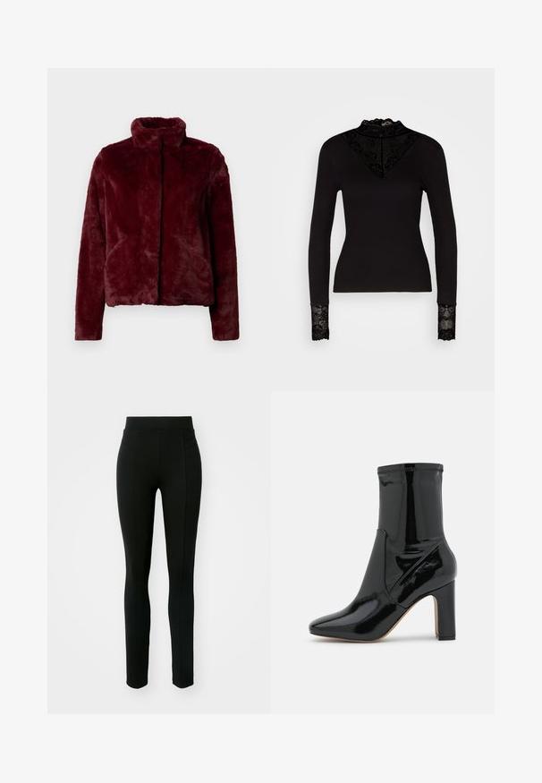 Burgundia faux karusnaha jakk, millel on kõrge krae, tõmbluku sulgemine ja küljetaskud; sile tekstuur ja kastitaoline disain.; Vero Moda VMELLA HIGH NECK - Pikkade varrukatega topp - black; Mustad mustadest kaitse materjalist retuusid, mis on kõrge taljega, kitsas sobivus ja kahe esiseg pocketiga, millel ei ole nähtavaid õmblusi.; Call it Spring Klassikalised poolsaapad - black