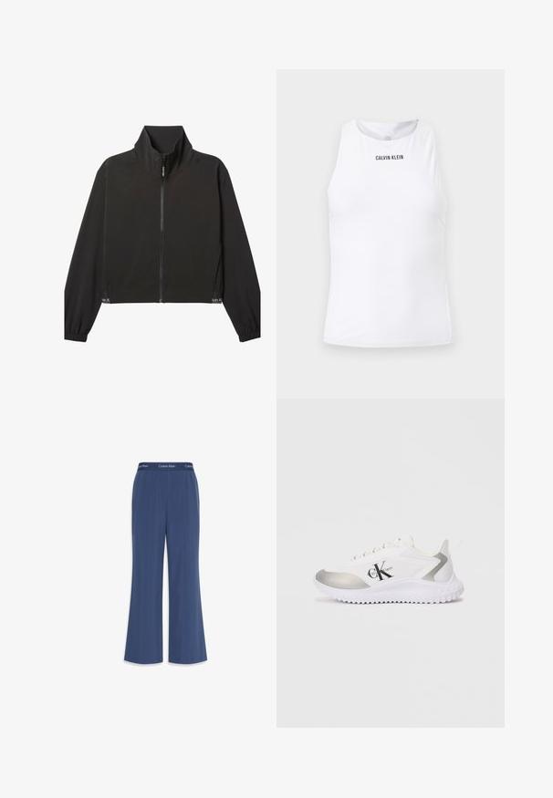 Čierna bunda na zips s dlhými rukávmi a vysokým golierom, elastickými manžetami a jemným bielym logom Calvin Klein blízko lemu na oboch stranách.; Biele dámske športové tielko Calvin Klein bez rukávov s vysokým výstrihom a jemne textúrovanou tkaninou.; Námornícky široké nohavice vyrobené z mäkkého materiálu s hladkou textúrou. Obsahujú elastický pás so značkou "Calvin Klein" pozdĺž vrchu.; Biele športové topánky so strieborným akcentom, hladkým povrchom a gumovou podrážkou. Obsahujú výrazné čierne logo na boku a na šnúrkach.