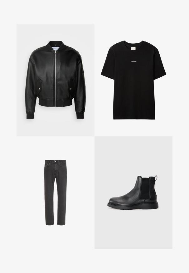Calvin Klein Jeans Bomberjakke - black; Sort bomulds-T-shirt med rund hals og korte ærmer. Har en lille hvid "Calvin Klein"-logo på forsiden. Glat, klassisk pasform.; Sorte jeans med lige ben i denim med knap- og lynlås-lukning foran, for- og baglommer, vist på hvid baggrund.; Sorte læder chelsea støvler med tekstureret finish, elastiske sidepaneler og en robust gummisål. Subtil branding på hælen.