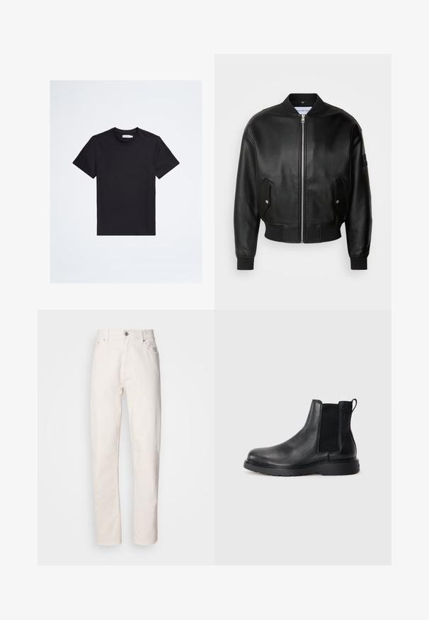 Calvin Klein Jeans Bomber-jakk - black; Must lühikeste varrukatega ümar kaelusega T-särk väikese tooni logoga vasakul rinnal ja valge brändisildiga krae sees.; Sirgeda valgedest denimist püksid, millel on nupuga ja lukuga kinnitajad, vööreak ja ees- ning tagaosal taskud, esitlemine lihtsal taustal.; Mustad mustad Chelsea saapad, millel on tekstuuriga viimistlus, elastsed külgtaskud ja vastupidav kummist tald. Discreetne bränding kontsapuntšel.