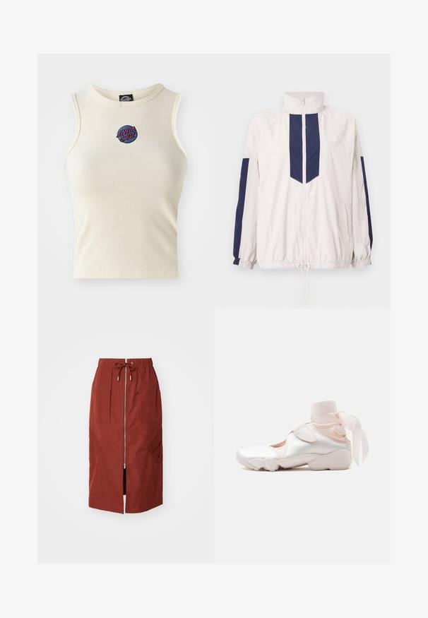 Chaqueta cortavientos ligera de Nike en blanco y azul marino, con un cuello alto, cierre de cremallera, puños elásticos y dos bolsillos laterales.; Top de tirantes de canalé color crema con cuello redondo y sin mangas, que presenta un logotipo bordado de "Santa Cruz" en rosa y azul en la parte frontal.; Falda de longitud media en rojo terracota, con cremallera frontal, cinturilla elástica con cordón ajustable y bolsillos laterales con un diseño geométrico.; Zapatilla blanca y rosa pálido con envoltura de tela suave en el tobillo atada en un lazo, con tira ajustable y suela redondeada.