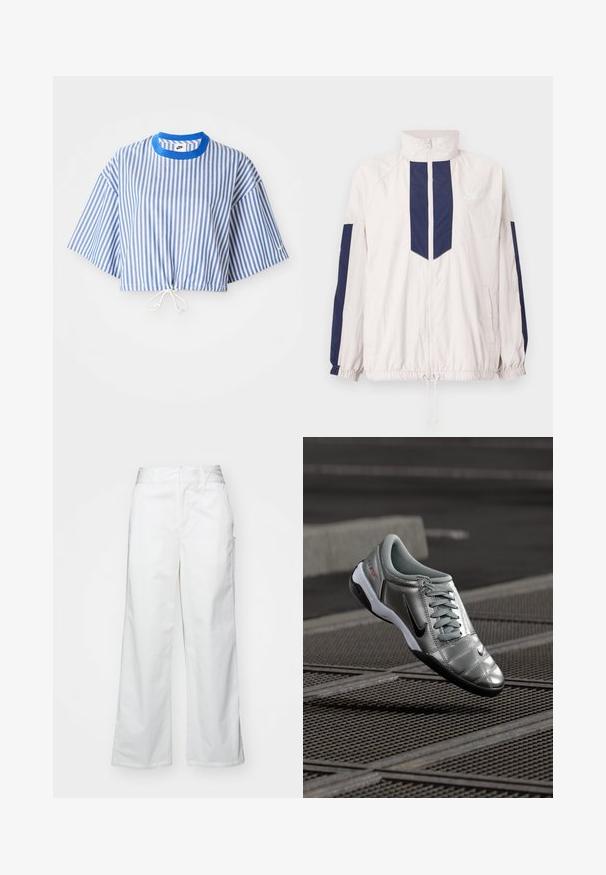 Kerge Nike vihmamantel valge ja mereväe sinises värvitoonis, millel on kõrge krae, lukuga sulgemine, elastsed varrukad ja kaks küljetaskut.; Lühike särk siniste ja valgete vertikaalsete triipudega, lühikeste laiale varrukatele ja tõmbluku vööl. Esitelt sinine ümar kaelus.; Valged laiad püksid, mis on valmistatud puuvillast, omavad siledat tekstuuri, sirget lõiget, eesmine taskud ja puhtad äärised.; Hõbedane Nike king, millel on sile viimistlus, särav nööridega disain ja must tald. Tekstuuriga pealispind koos peente aktsentide ja logoga.
