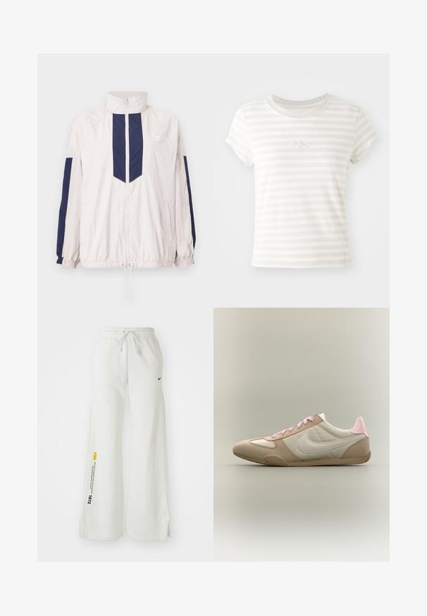 Chaqueta cortavientos ligera de Nike en blanco y azul marino, con un cuello alto, cierre de cremallera, puños elásticos y dos bolsillos laterales.; Camiseta de tirantes cortos a rayas blancas, hecha de algodón suave. Presenta un cuello redondo y un pequeño logo de Nike bordado en el pecho.; Pantalones de chándal blancos y de pierna ancha con cintura elástica, cordón, aberturas laterales, logo negro de Nike y texto gráfico en amarillo contrastante.; Zapatilla de perfil bajo en beige y blanco con cordones rosas y detalle en el talón, mostrando el logo de Nike en el lateral sobre un fondo liso.