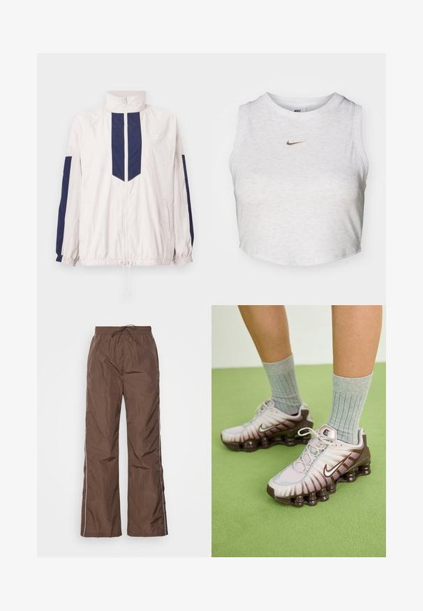 Chaqueta cortavientos ligera de Nike en blanco y azul marino, con un cuello alto, cierre de cremallera, puños elásticos y dos bolsillos laterales.; Top corto blanco hecho de una tela suave y texturizada. Presenta un cuello redondo y un diseño sin mangas, con un pequeño logotipo dorado de Nike en la parte delantera.; Pantalones marrones, ligeros, con una cintura elástica y cordón; presentan franjas blancas en los lados y un diseño relajado de pierna ancha. Textura suave.; Zapatillas Nike en rosa claro y marrón, con un upper texturizado, diseño en capas y suela con amortiguación que incluye unidades de aire visibles.