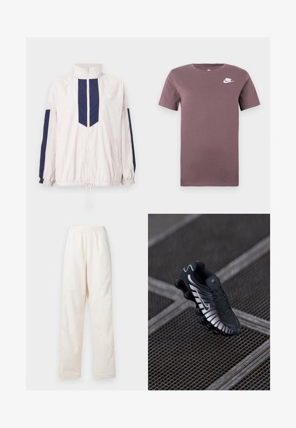 Letvægts Nike vindjakke i hvid og navy, med høj krave, lynlås lukning, elastiske manchetter og to sidelommer.; Lilla Nike kortærmet crew neck t-shirt med hvidt Nike-logo på venstre bryst mod en ensfarvet baggrund.; Løse, cremefarvede bukser med elastisk talje og lige ben, vist mod en ensfarvet hvid baggrund.; Sort atletisk sko med tekstureret mesh-overdel, sølv accenter, svangstøtte og polstret sål med en fremtrædende segmenteret design.